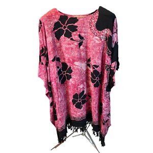 Sante Pink Black Floral Oversied Poncho Black Fringe One Size